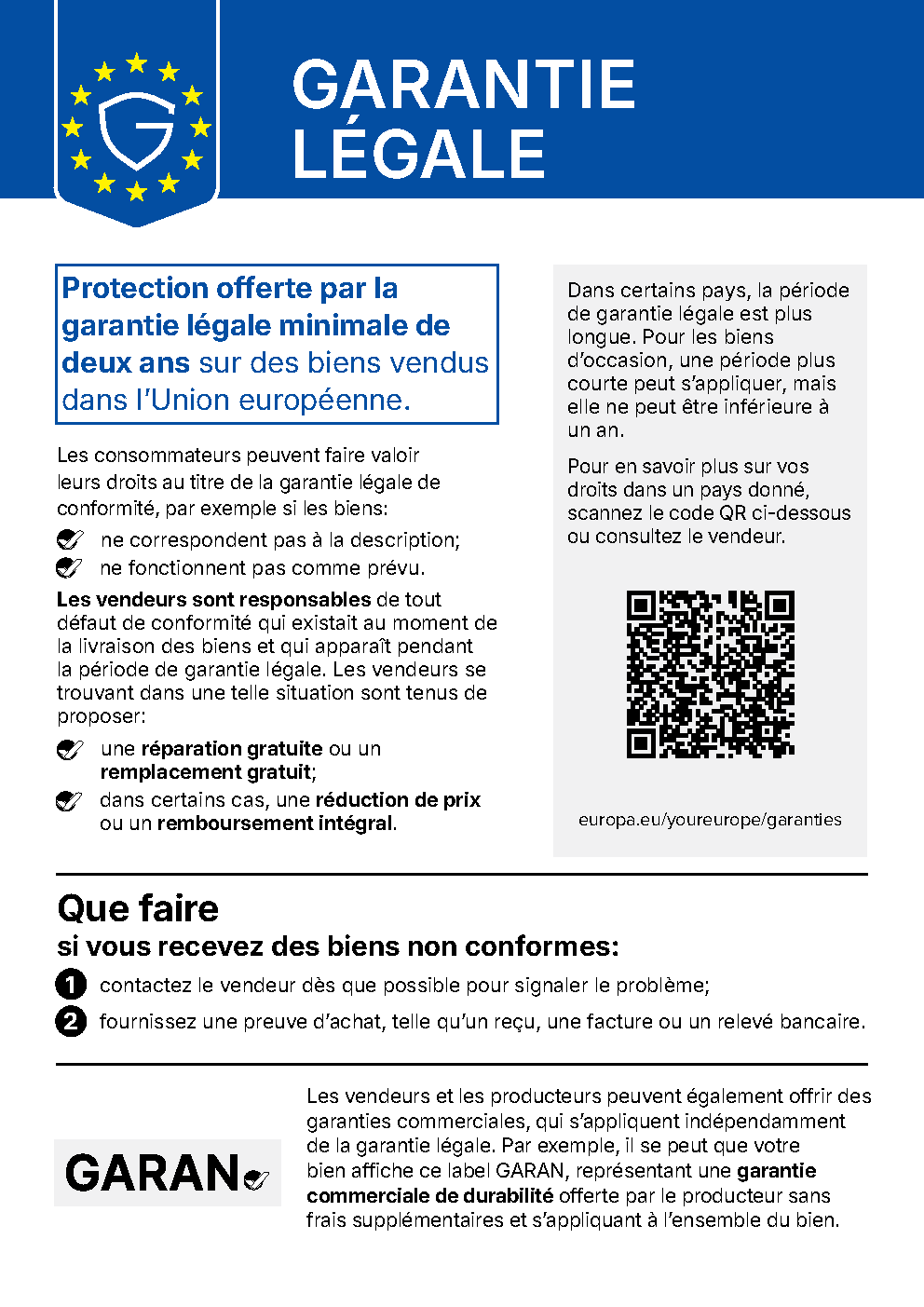 Avis harmonisé de l’UE relatif à la garantie légale